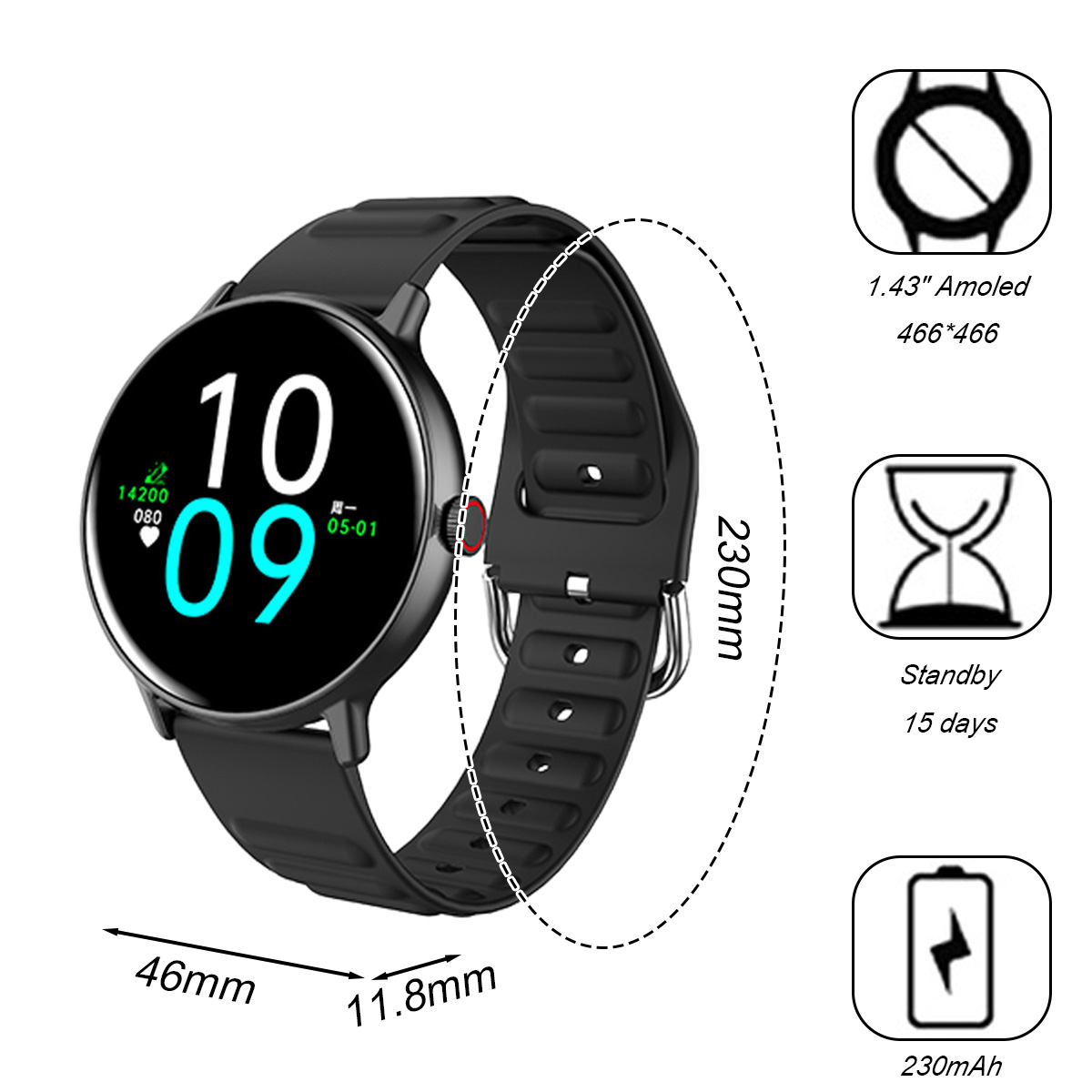 Eine schwarze Smartwatch mit rundem Zifferblatt, das die Uhrzeit anzeigt. Abmessungen und Spezifikationen sind mit Symbolen und Text dargestellt.
