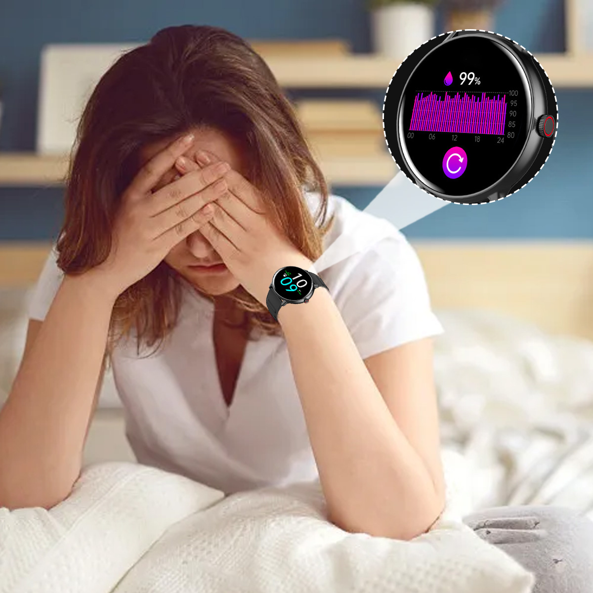 Eine Frau verdeckt ihre Augen mit ihren Händen. Eine Smartwatch an ihrem Handgelenk zeigt 99%. Ein Diagramm wird auf der Smartwatch angezeigt.