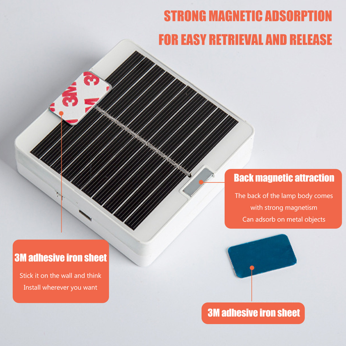 Eine weiße Solarpanel-Lampe mit schwarzen Linien, ein 3M-Aufkleber und ein blaues 3M-Eisenblech werden auf einer weißen Oberfläche gezeigt. Text beschreibt magnetische Eigenschaften.