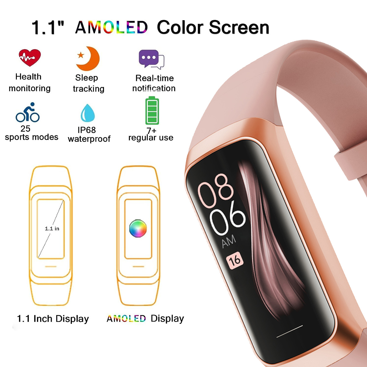 Eine rosa Smartwatch mit gewölbtem Bildschirm zeigt die Uhrzeit an. Zu den Funktionen gehören Gesundheitsüberwachung und 25 Sportmodi.