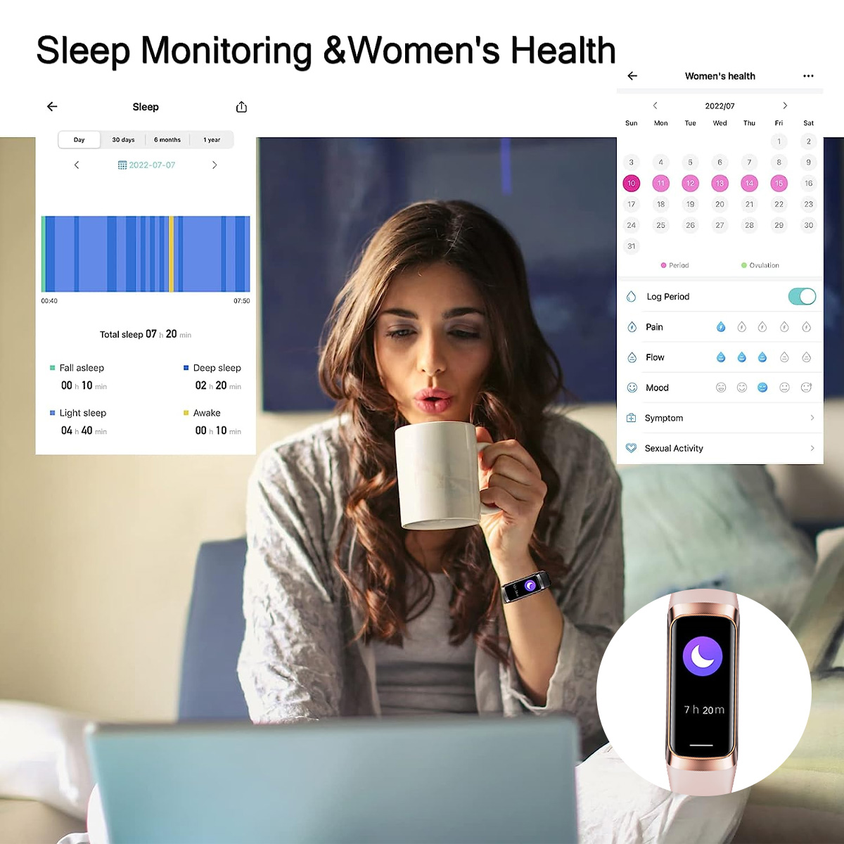Frau mit Tasse und Smartwatch, blickt auf Laptop. Anzeigen von Schlaf- und Frauengesundheitsdaten.