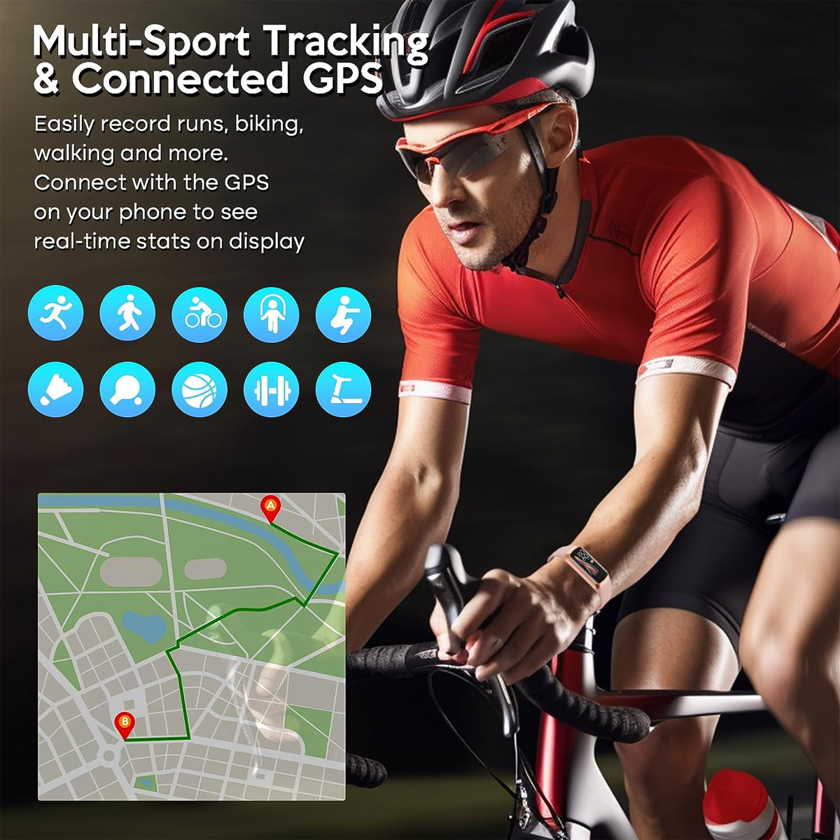 Radfahrer in rotem Hemd und Helm, der auf einem Fahrrad trainiert. Eine Smartwatch befindet sich am Handgelenk und eine Karte links unten.