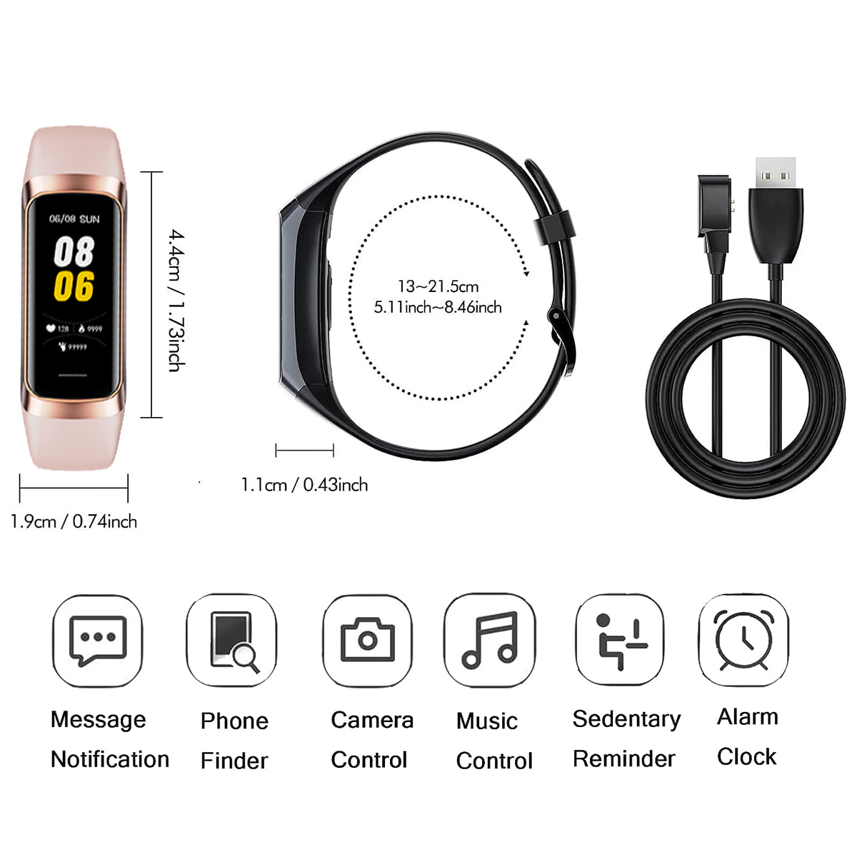 Ein Fitness-Tracker mit Abmessungen, Symbolen für Funktionen wie Messaging, Telefonsuche, Kamera, Musik, Bewegungserinnerung und Wecker.