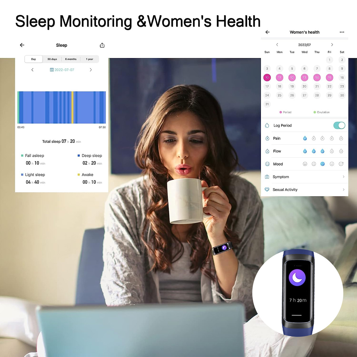 Frau trinkt aus einer Tasse, trägt einen Fitnesstracker, mit Schlaf- und Frauengesundheitsdaten auf Bildschirmen.