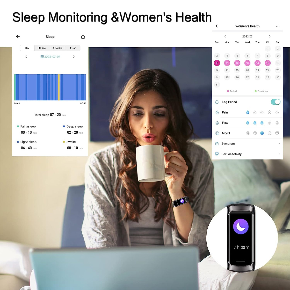 Eine Frau trinkt aus einem Becher und trägt einen Fitnesstracker. Bildschirme zeigen Schlafdaten und Apps zur Frauengesundheit.