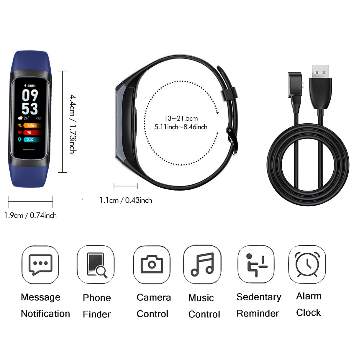 Ein blauer Fitnesstracker, ein schwarzes Armband und ein USB-Kabel werden angezeigt. Symbole für Benachrichtigungen, Telefon, Kamera, Musik, Bewegungserinnerung und Wecker befinden sich darunter.