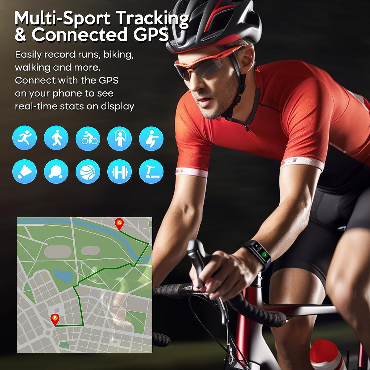 Radfahrer im roten Trikot mit Uhr fährt Fahrrad. Karte einer Laufstrecke und Sport-Icons im Hintergrund.