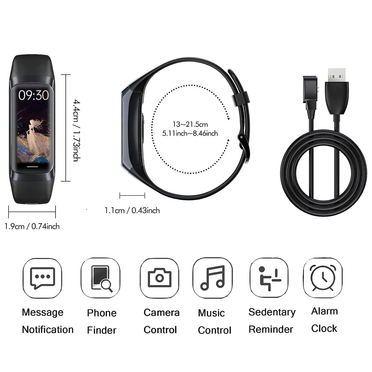 Ein schwarzer Fitnesstracker mit Abmessungen und Symbolen für Funktionen wie Nachrichtenbenachrichtigung und Wecker.