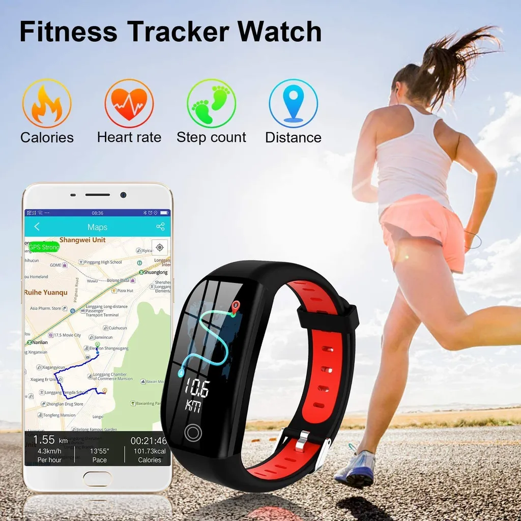 Eine Frau läuft mit einem Fitness-Tracker. Ein Telefon zeigt eine Karte. Symbole zeigen Kalorien, Herzfrequenz, Schritte und Distanz.