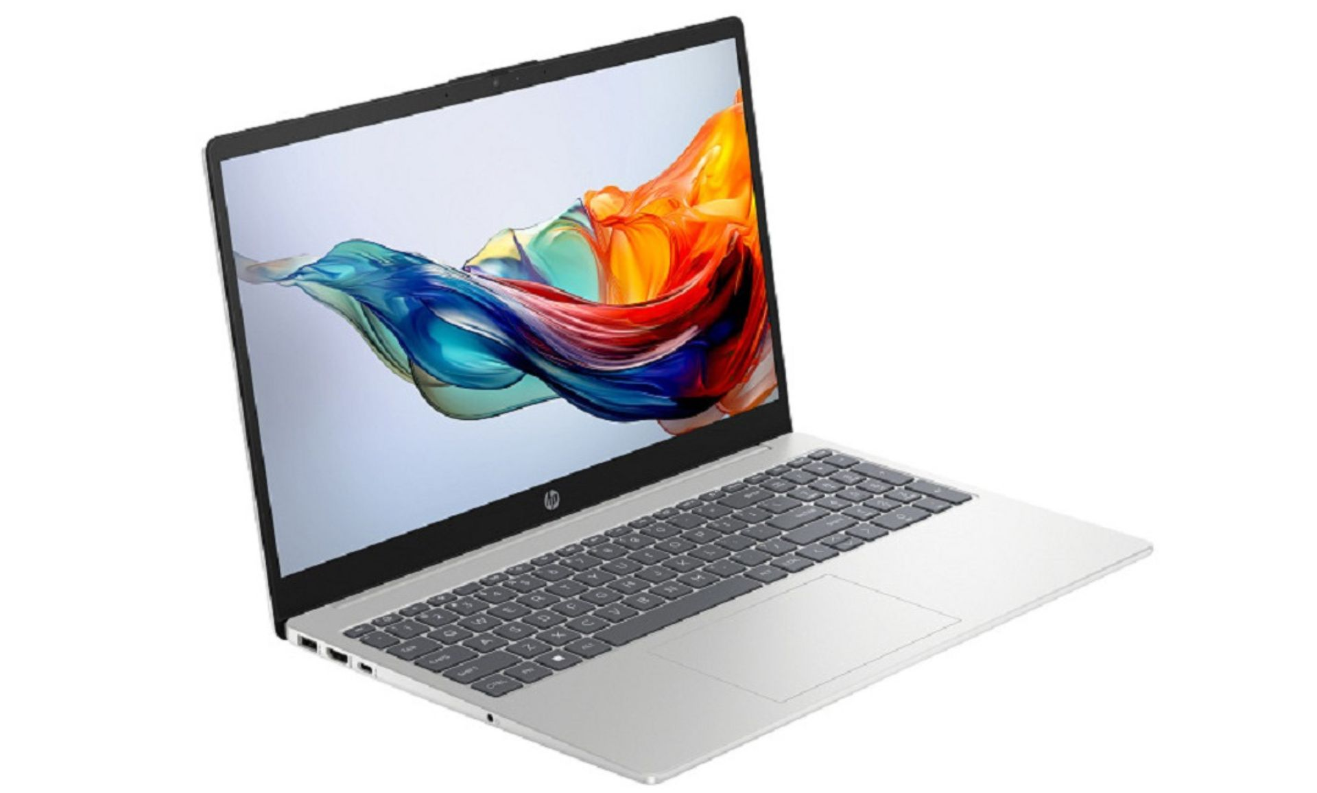Ein silberner HP-Laptop ist geöffnet. Der Bildschirm zeigt bunte abstrakte Kunst. Die Tastatur ist sichtbar.