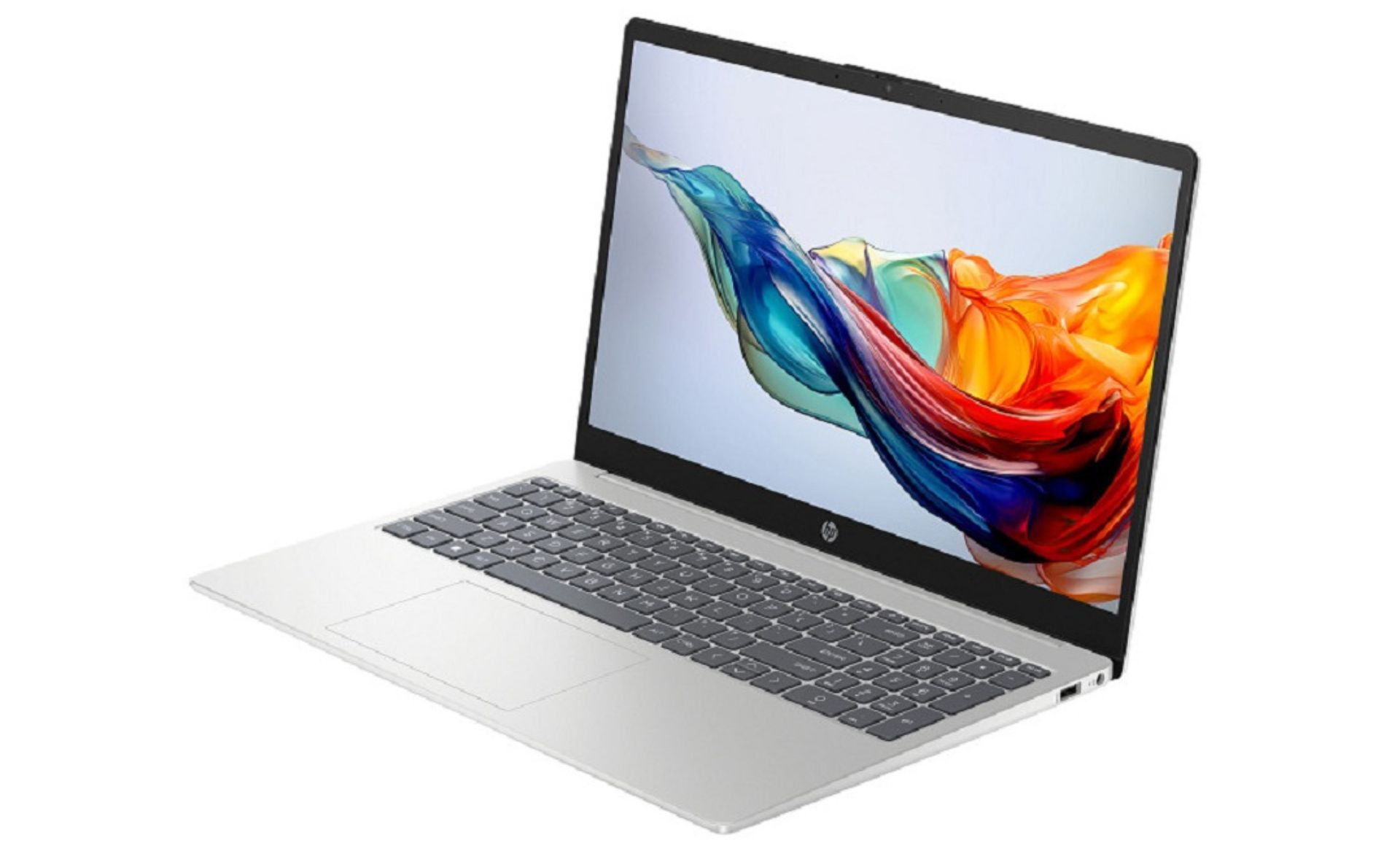 Ein silberner HP-Laptop ist geöffnet und zeigt ein farbenfrohes abstraktes Bild auf dem Bildschirm. Es befindet sich auf weißem Hintergrund.
