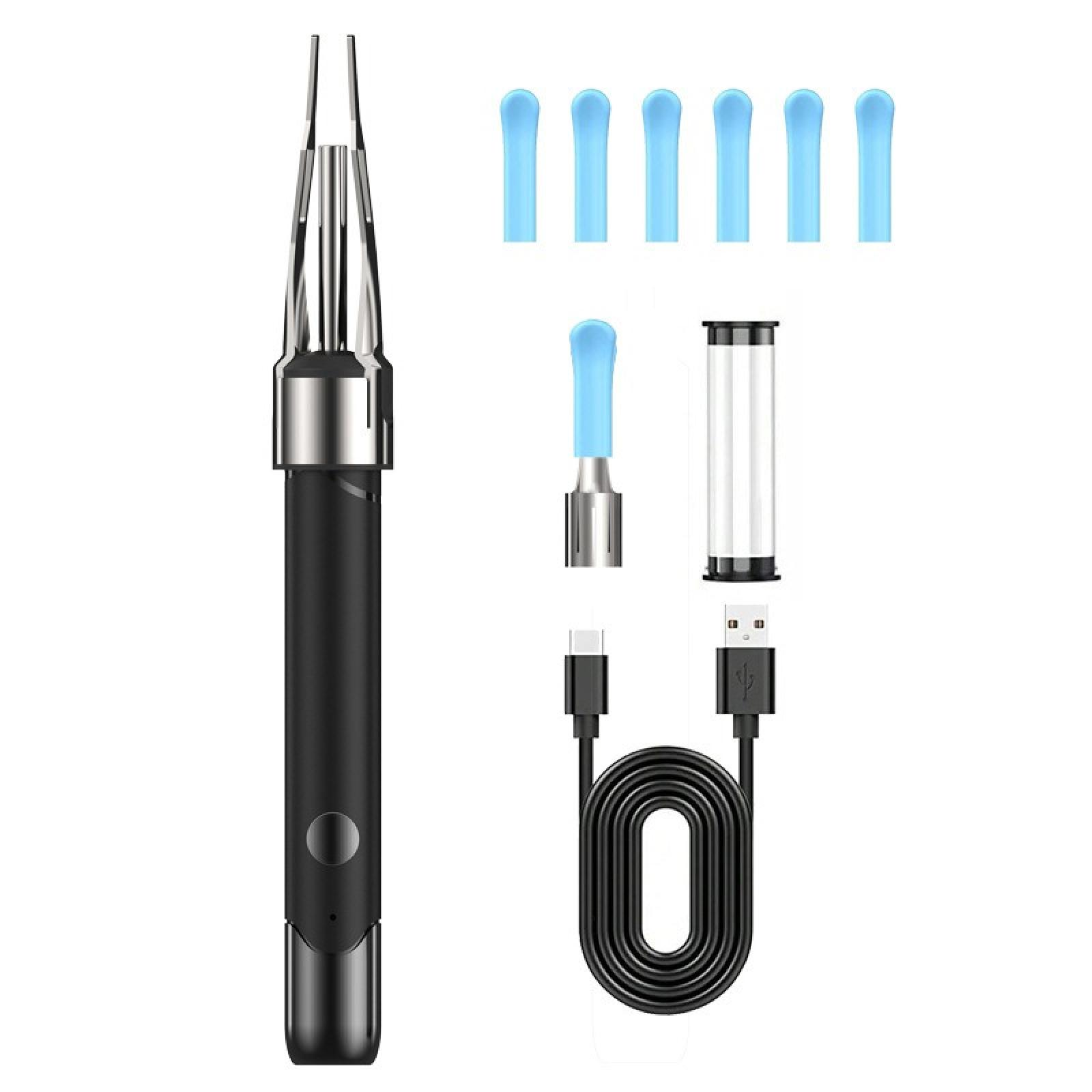 Schwarzer Vape Pen mit silbernen Akzenten, mehrere blaue Mundstücke, ein Ladegerät und ein USB-Kabel.