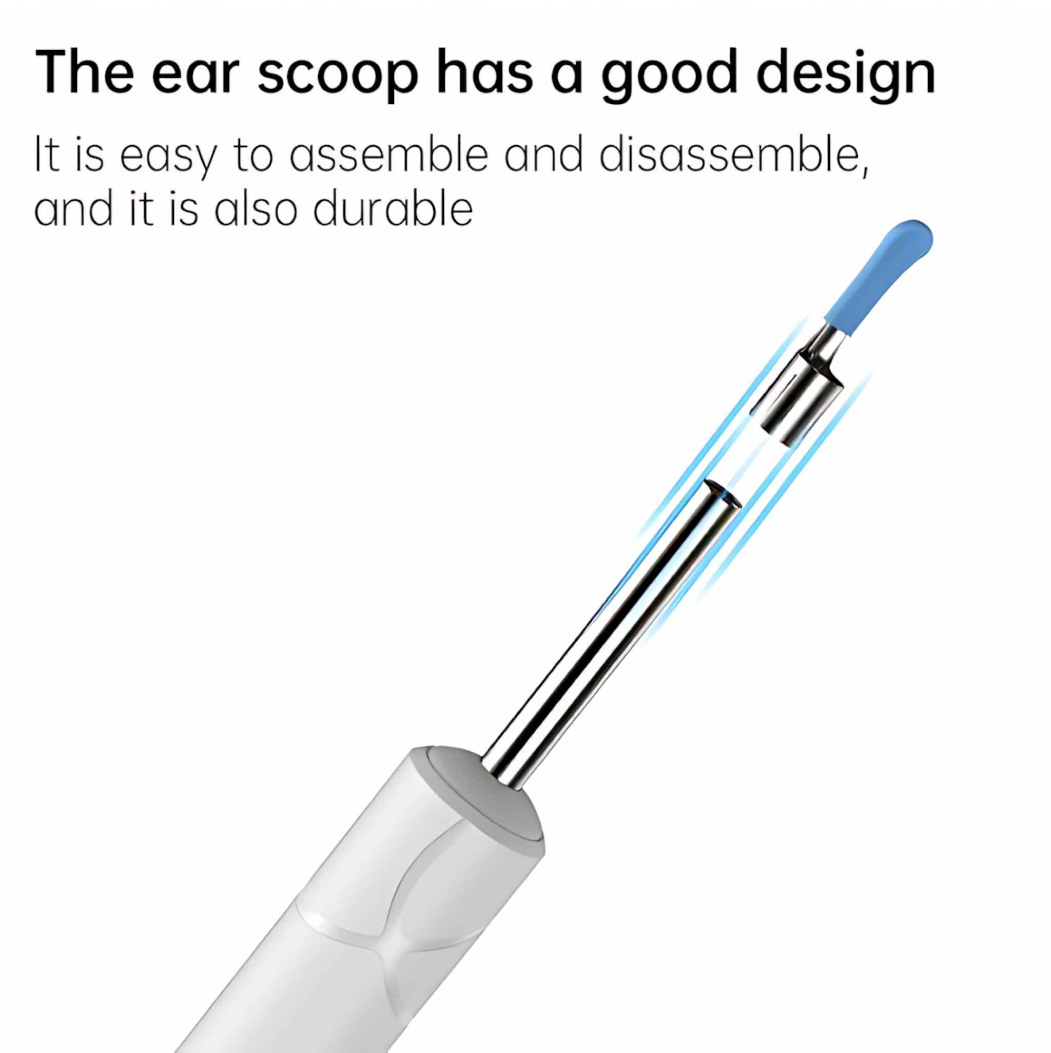 Ein Ohrlöffel mit blauer Spitze. Es ist weiß, silber und blau. Der Text besagt, dass es ein gutes Design hat und langlebig ist.