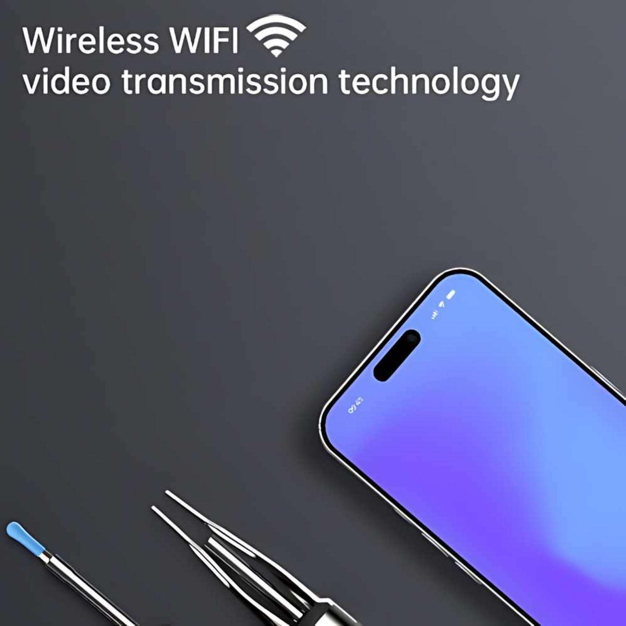 Das Bild zeigt ein Telefon mit blauem Bildschirm, medizinische Werkzeuge und Text über drahtlose Videoübertragung.