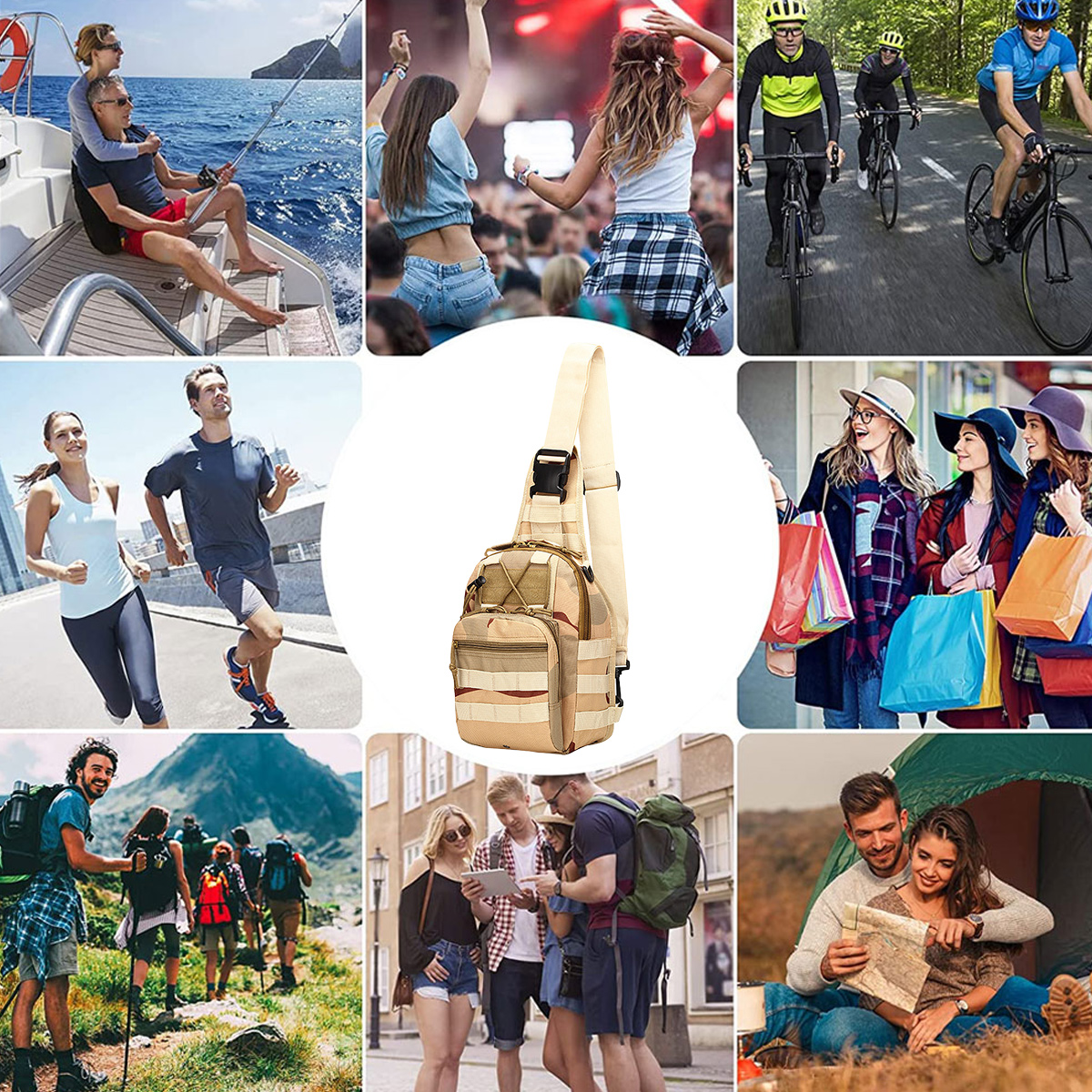 Eine Collage von Bildern, die verschiedene Outdoor-Aktivitäten und eine beige Umhängetasche zeigen. Aktivitäten umfassen Bootfahren, Laufen und Wandern.