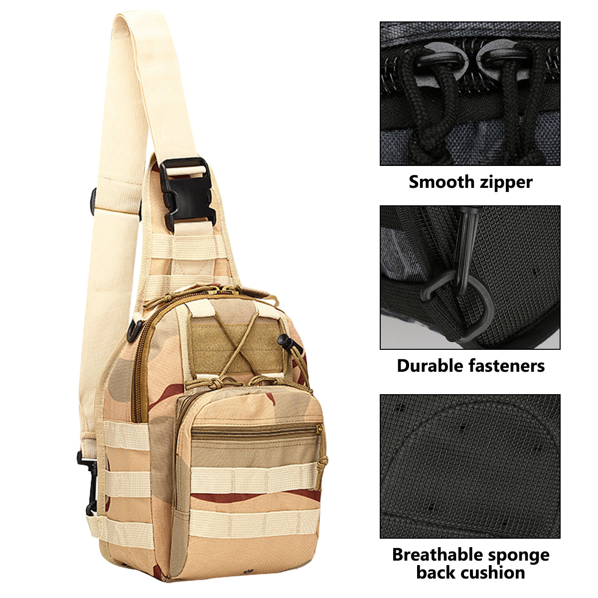 Eine tarnfarbene Umhängetasche in Braun und Beige. Merkmale sind ein glatter Reißverschluss, strapazierfähige Verschlüsse und ein atmungsaktives Rückenpolster.
