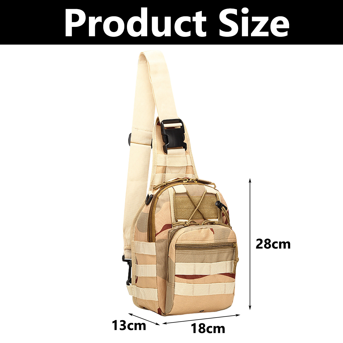 Tarnfarbene Umhängetasche in Beige und Braun mit den Maßen: 28 cm Höhe, 18 cm Breite und 13 cm Tiefe. Die Tasche hat einen Gurt und mehrere Fächer.