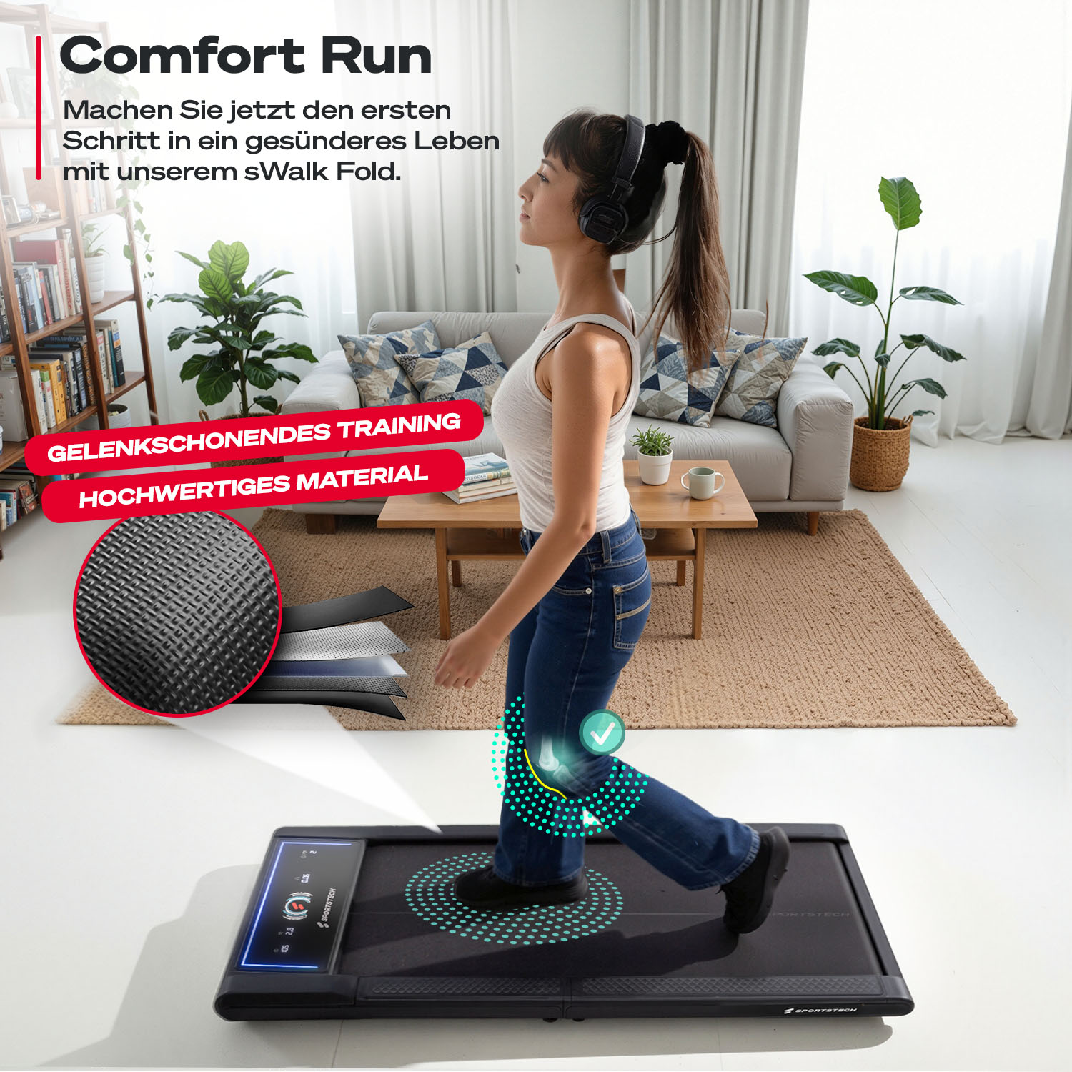 Eine Frau geht drinnen auf einem Laufband. Sie trägt Kopfhörer, Jeans und ein Tanktop. Ein Diagramm hebt ihr Knie hervor. Pflanzen und Möbel sind sichtbar.