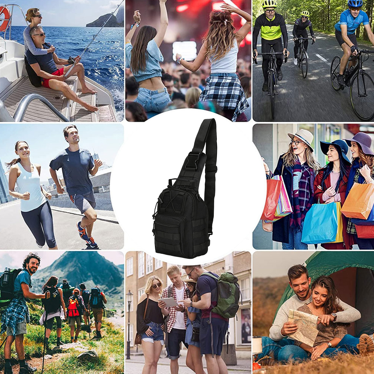 Eine Collage mit mehreren Bildern. Menschen segeln, feiern, radfahren, laufen, einkaufen, wandern, ein Tablet benutzen und campen.