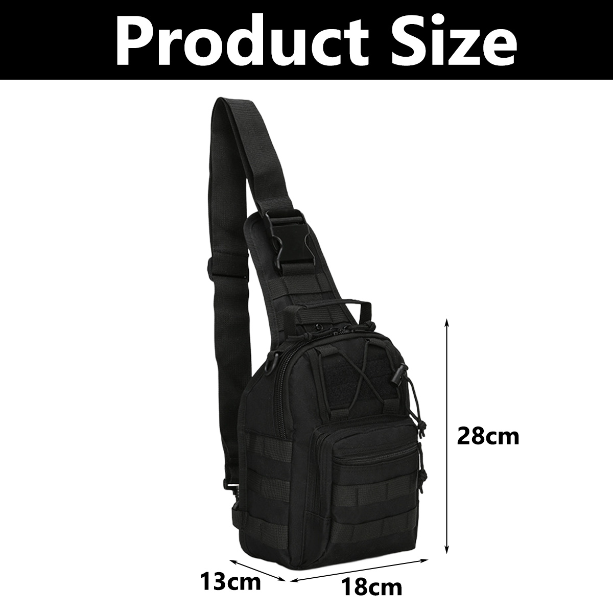Schwarze taktische Umhängetasche, Maße: 28 cm Höhe, 18 cm Breite, 13 cm Tiefe. Produktgröße Text oben.