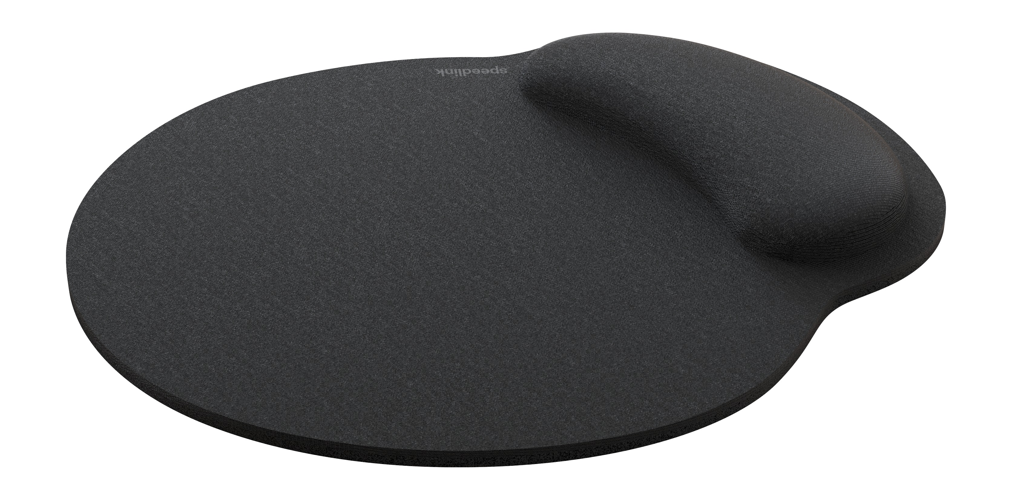 Een zwarte ergonomische muismat met polssteun. Het merk 'speedlink' is zichtbaar. De achtergrond is wit.