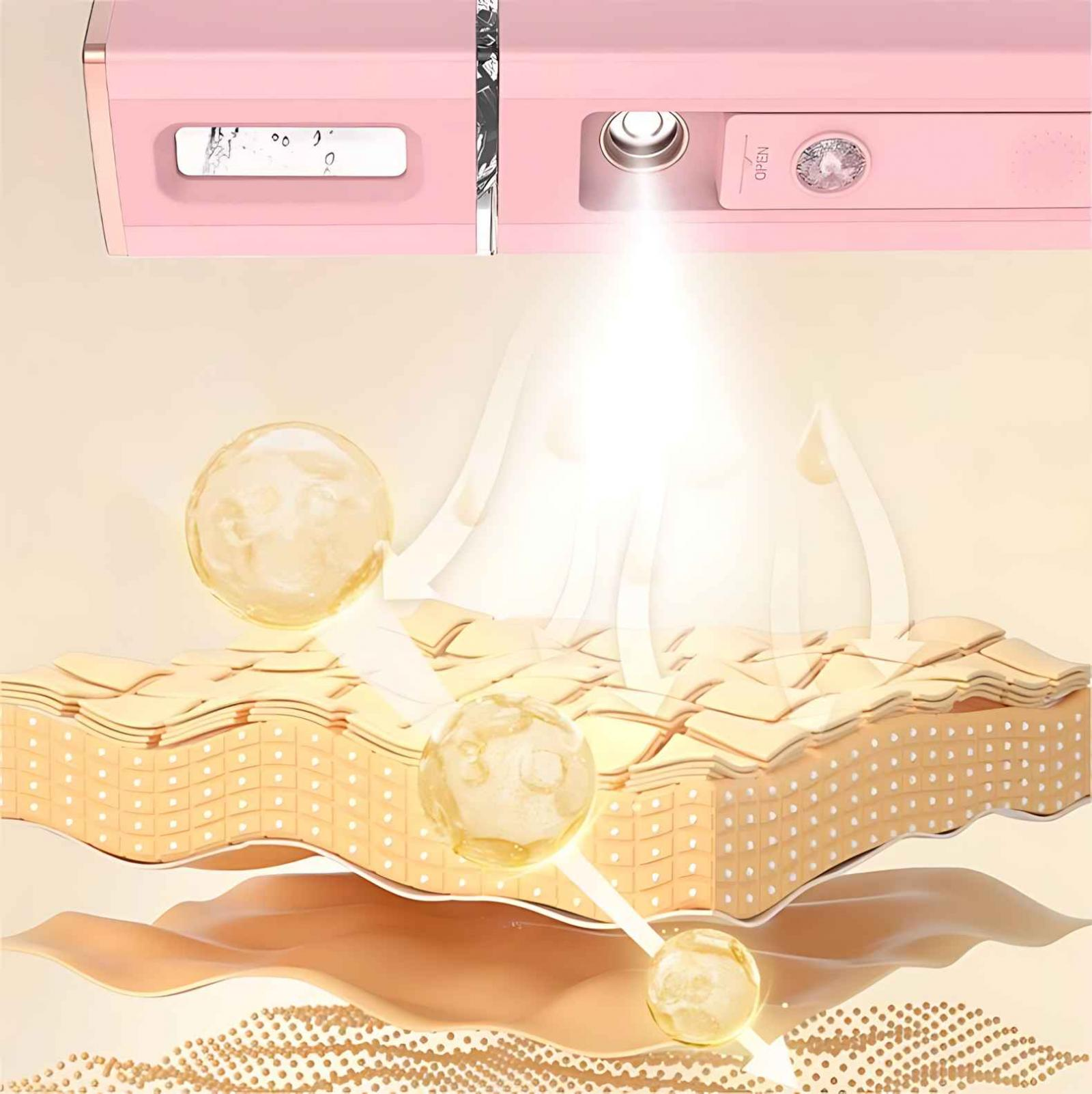 Ein rosa Gesichtsbedampfer emittiert Dampf auf einen Querschnitt der Haut mit goldenen Kugeln und Lichtstrahlen.
