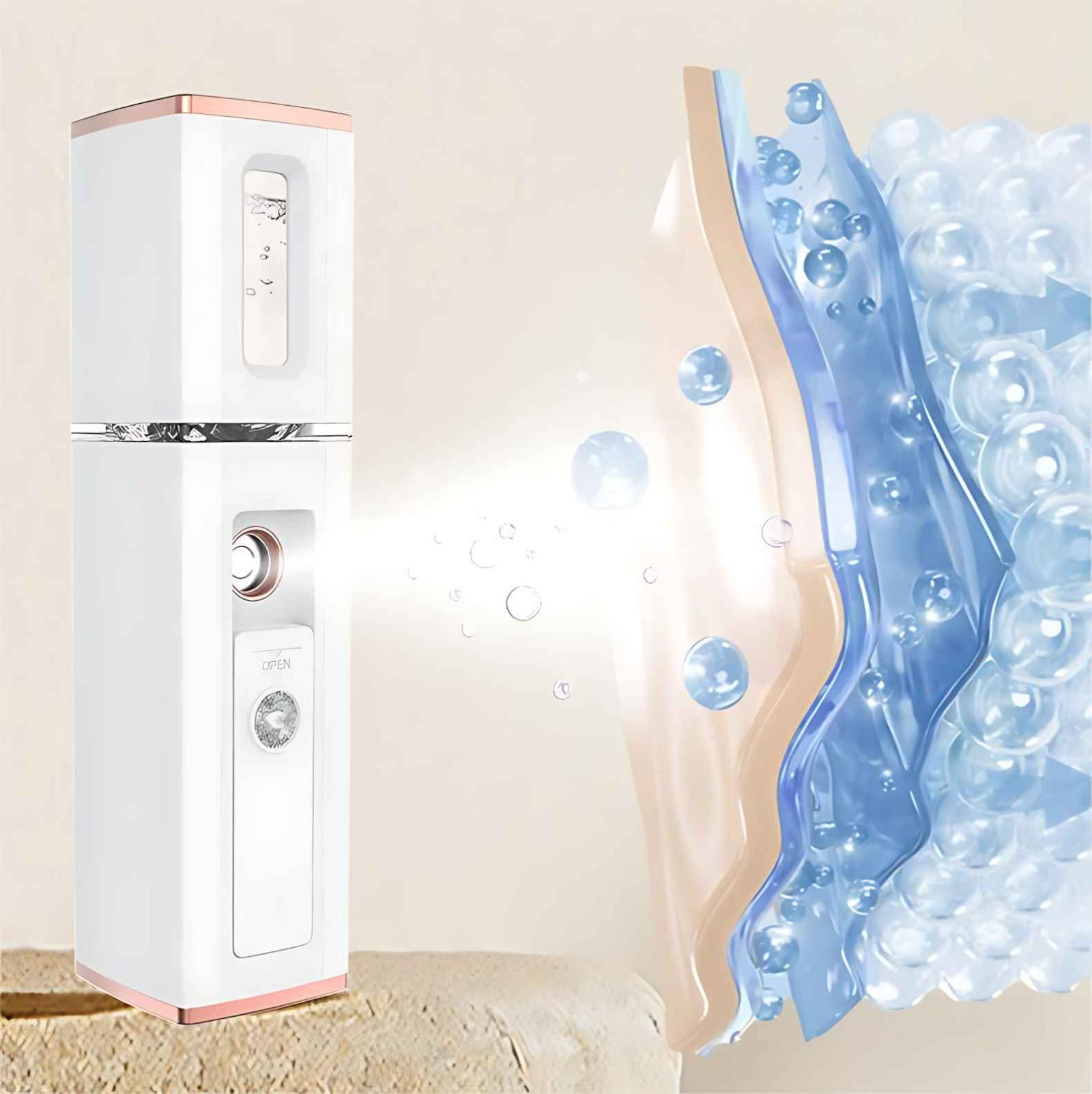 Ein weißer Gesichtsdampfer mit roségoldenen Zierleisten. Wassertröpfchen und ein Hautdiagramm werden angezeigt.