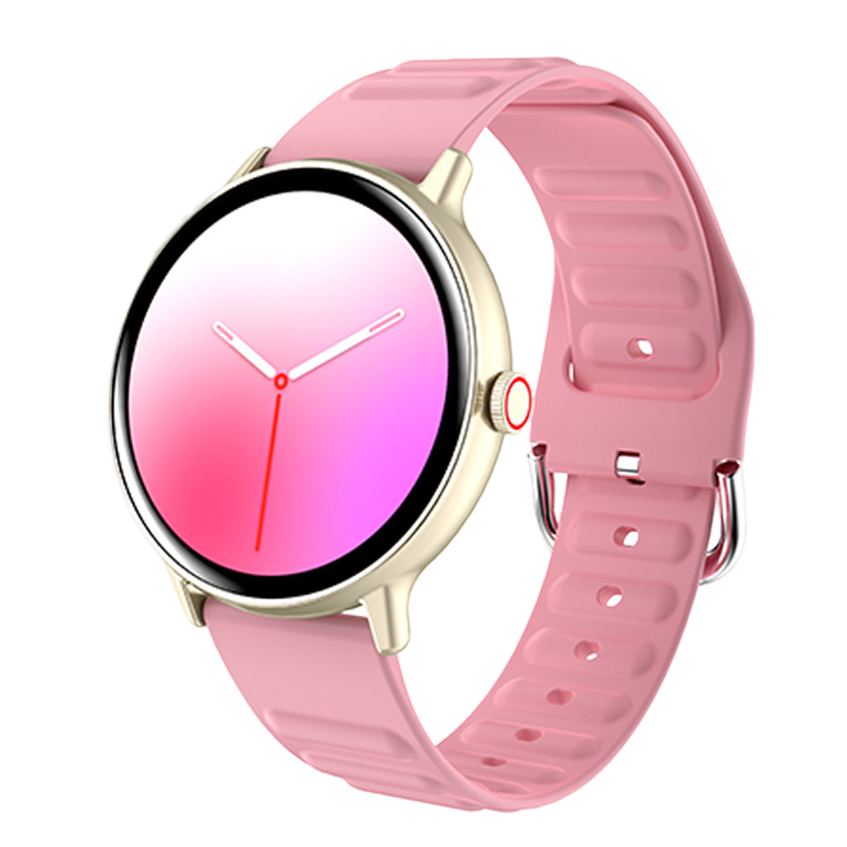 Eine rosa Smartwatch mit goldfarbenem Gehäuse und rosa Armband. Das Zifferblatt zeigt rosa und weiße Verläufe mit roten Zeigern.