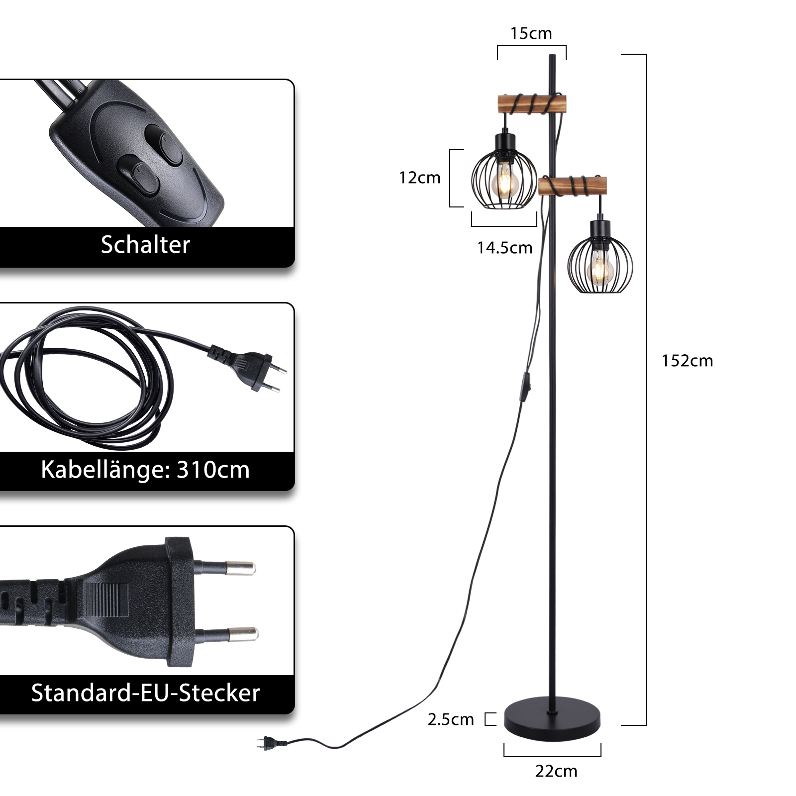 Lampada da terra con tre luci. Struttura nera, dettagli in legno. Include scatti di interruttore, cavo e spina.