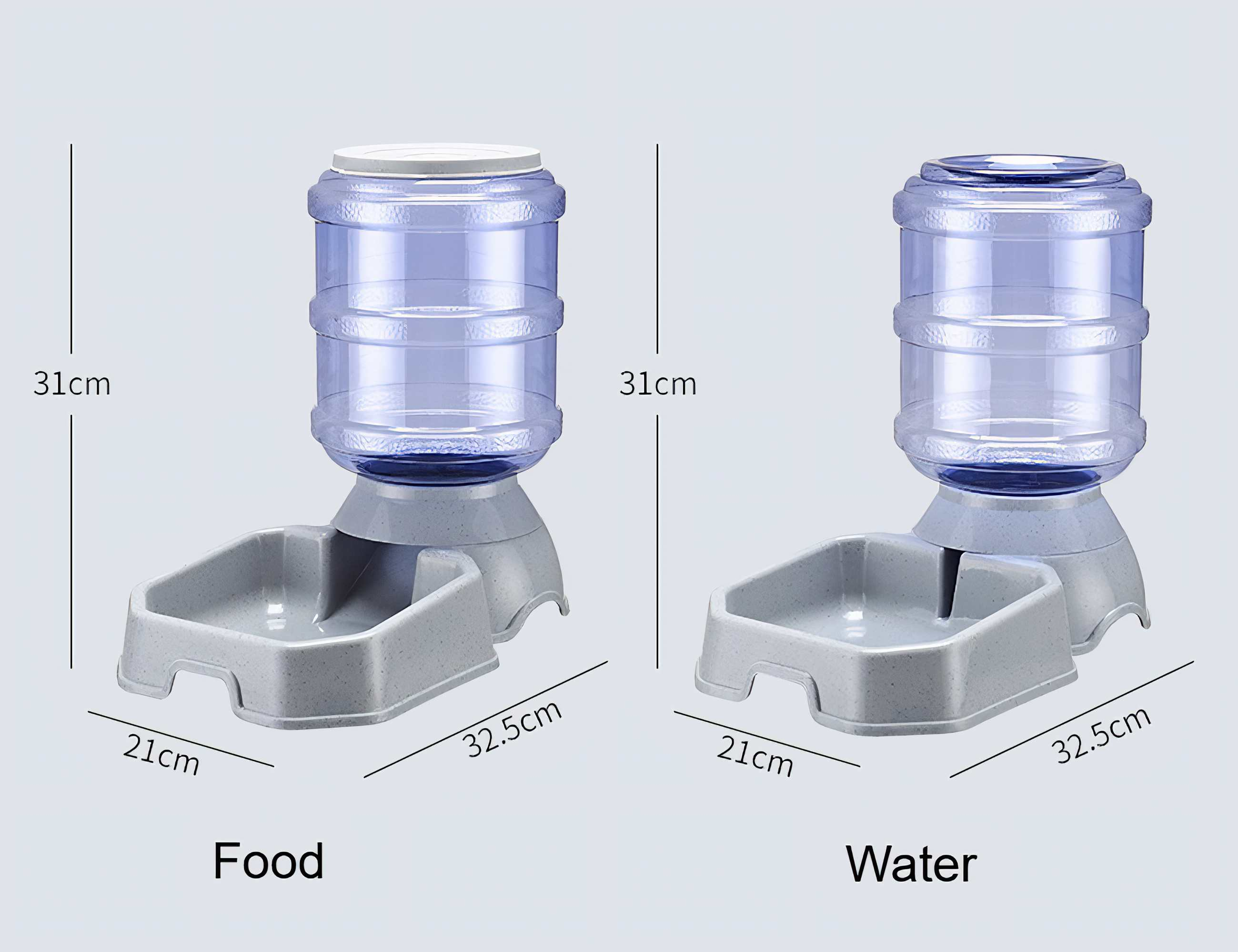 Zwei Futternäpfe mit Maßen. Jeder hat einen Wassertank über einer Futter-/Wasserschale. Einer ist mit Food, der andere mit Water beschriftet.