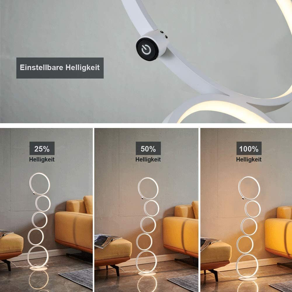 Eine weiße moderne Lampe mit einstellbarer Helligkeit. Das Bild zeigt die Lampe bei verschiedenen Helligkeitsstufen: 25 %, 50 % und 100 %.