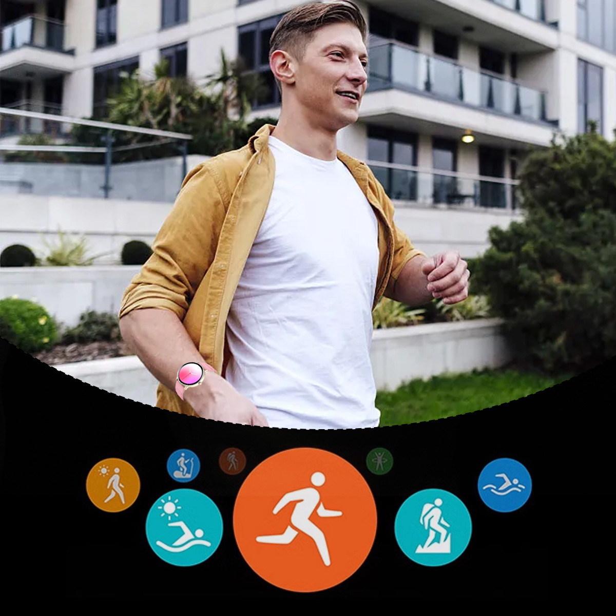 Ein Mann läuft draußen und trägt eine Smartwatch. Er trägt ein weißes Hemd und eine gelbe Jacke. Unten befinden sich Symbole auf schwarzem Grund.