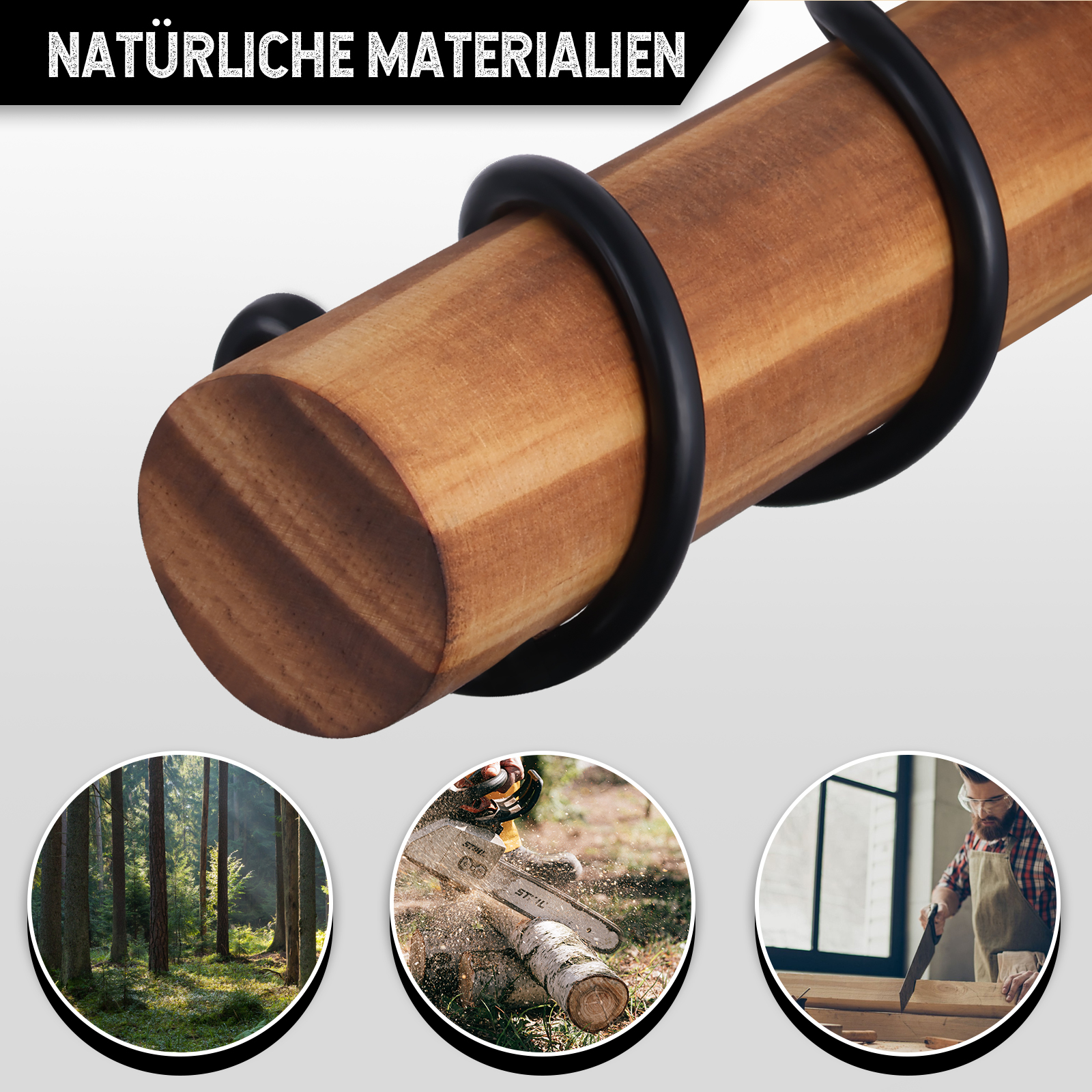 Tassello in legno con anelli neri. Sotto, foresta, motosega che taglia il legno e falegname che sega il legno.