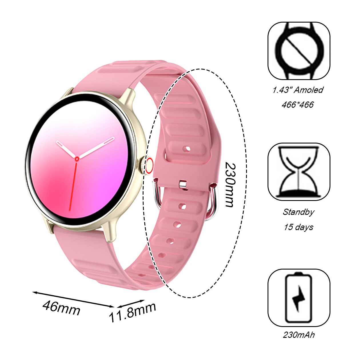 Eine rosa Smartwatch mit rundem Zifferblatt. Zu den Merkmalen gehören ein 1,43" Amoled-Display, 15 Tage Standby und 230mAh Akku.