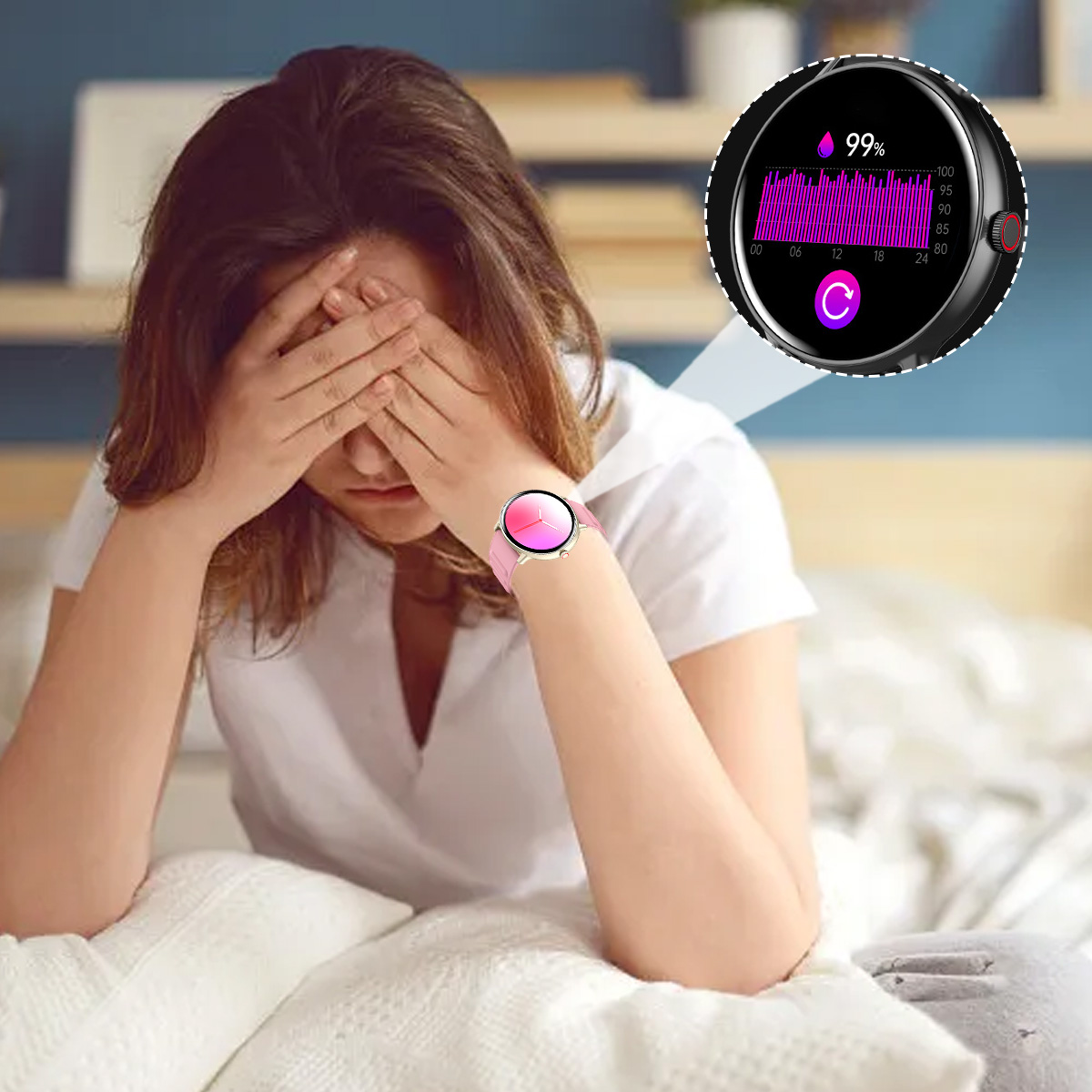 Frau mit Händen im Gesicht, trägt eine rosa Smartwatch. Die Uhr zeigt ein Diagramm mit 99 % an.