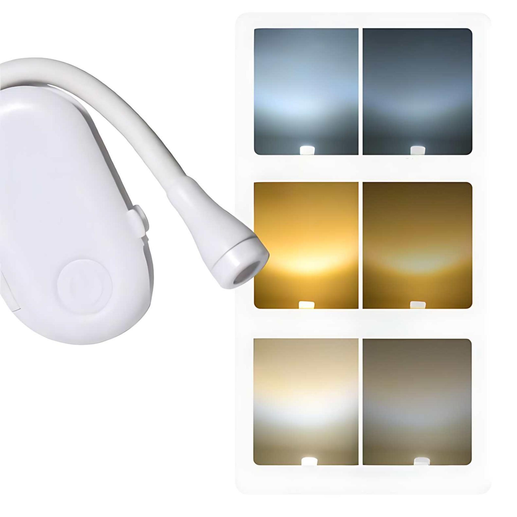 Eine weiße LED-Lampe mit verstellbarem Arm. Sie zeigt verschiedene Lichtfarboptionen in einem rechteckigen Feld.