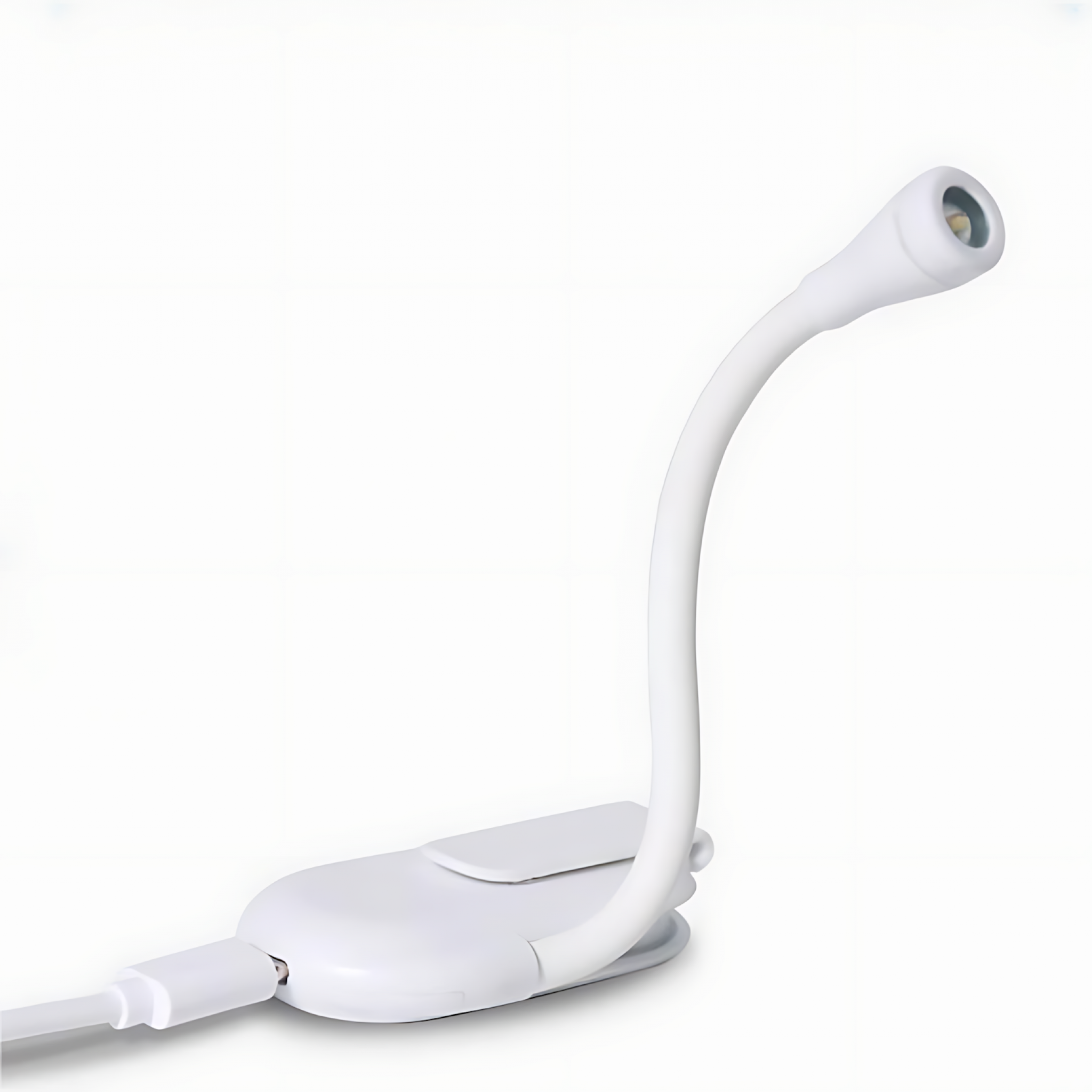 Eine weiße LED-Leseleuchte zum Anklemmen. Sie hat einen flexiblen Hals und einen USB-Anschluss. Der Hintergrund ist weiß.
