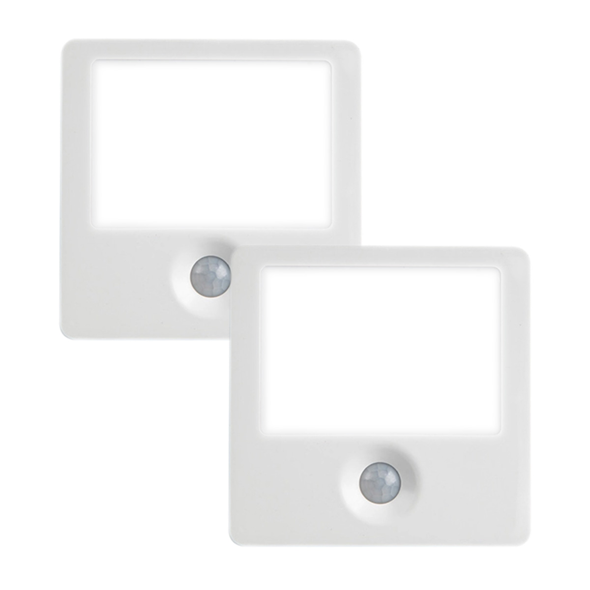 Zwei weiße, rechteckige LED-Nachtlichter werden angezeigt. Jedes hat einen Sensor und eine helle, leuchtende Mitte.