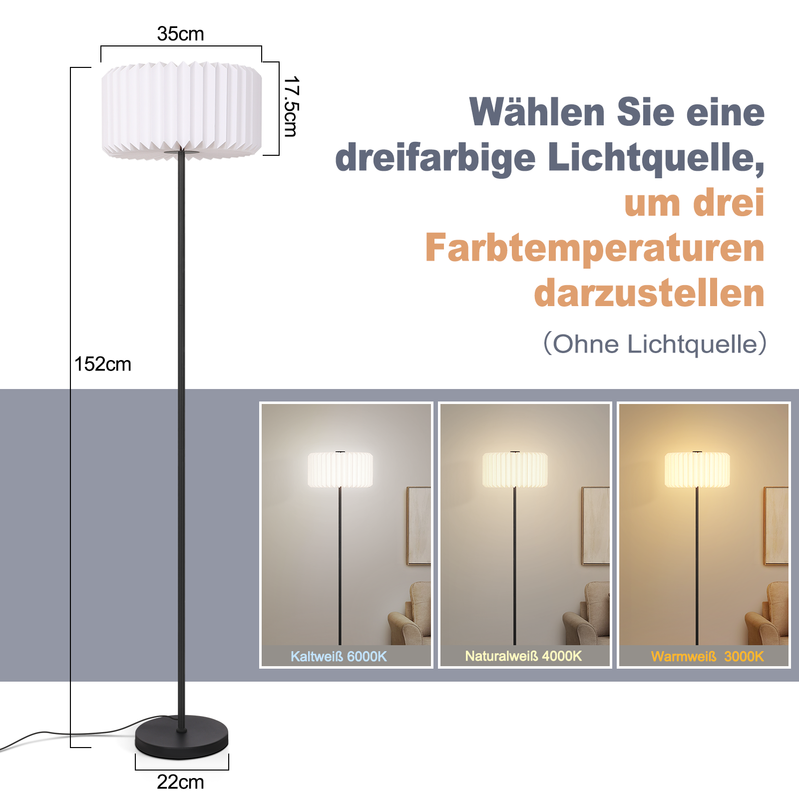 Una lampada da terra con paralume bianco, palo nero e base rotonda. Il testo indica tre temperature di colore.