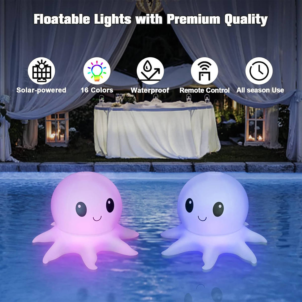 Zwei Tintenfisch-Lichter schwimmen in einem Pool. Der Text oben lautet: 'Schwimmfähige Lichter mit Premium-Qualität'. Merkmale sind Solar, 16 Farben, wasserdicht.