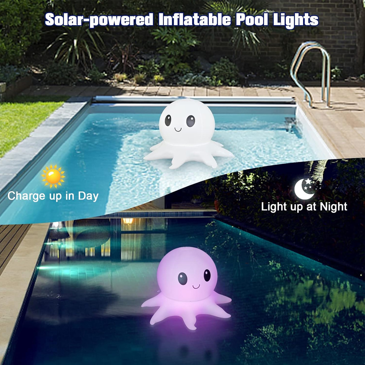 Bild zeigt ein solarbetriebenes aufblasbares Oktopus-Licht in einem Pool. Tages- und Nachtansichten. Lädt sich tagsüber auf, leuchtet nachts.