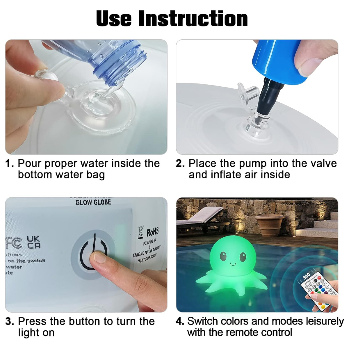 Anweisungen zeigen das Befüllen eines Beutels mit Wasser, Aufblasen, Einschalten eines Lichts und Ändern der Farben mit einer Fernbedienung.