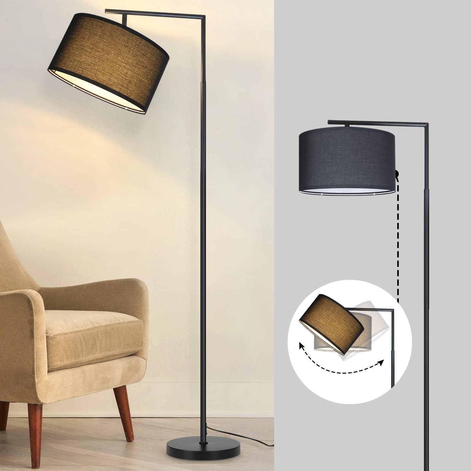 Lampada da terra nera con paralume e poltrona beige. La lampada ha una base circolare e un paralume regolabile. Lo sfondo è un muro chiaro.