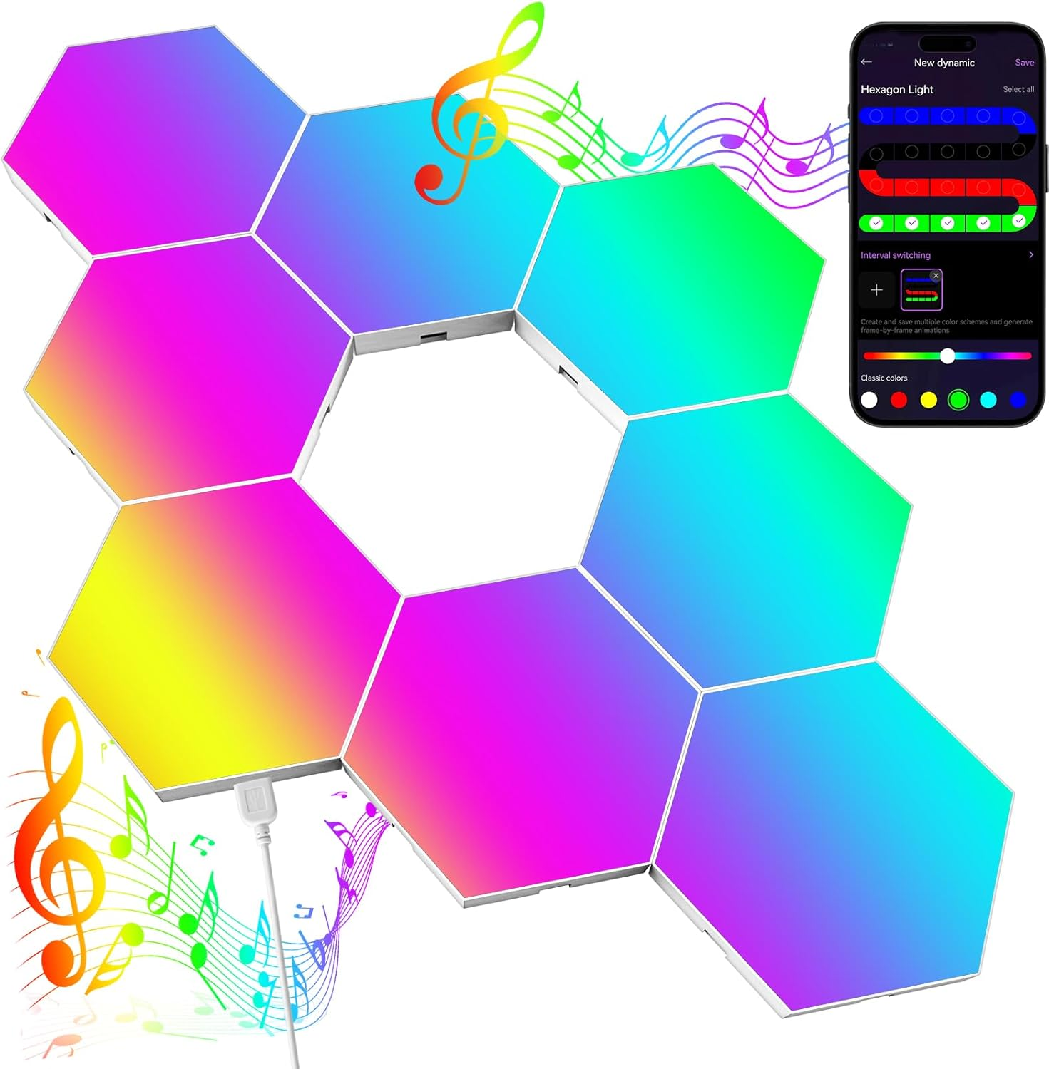 Sechseckige LED-Leuchten mit Farbverläufen. Ein Telefon zeigt App-Steuerungen. Noten und ein Violinschlüssel sind auch sichtbar.