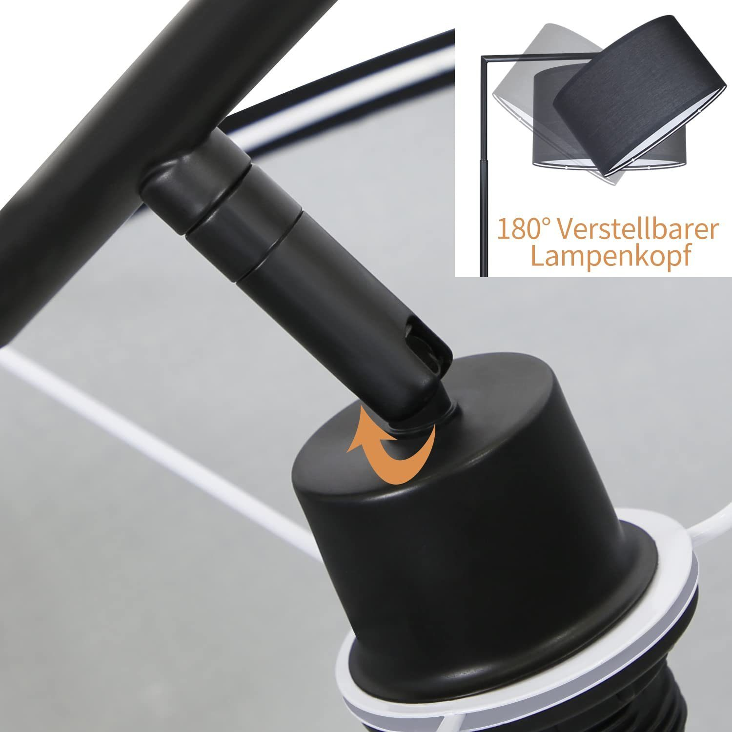 Primo piano di una lampada nera con testa rotante, una freccia arancione e le parole '180° Verstellbarer Lampenkopf'.