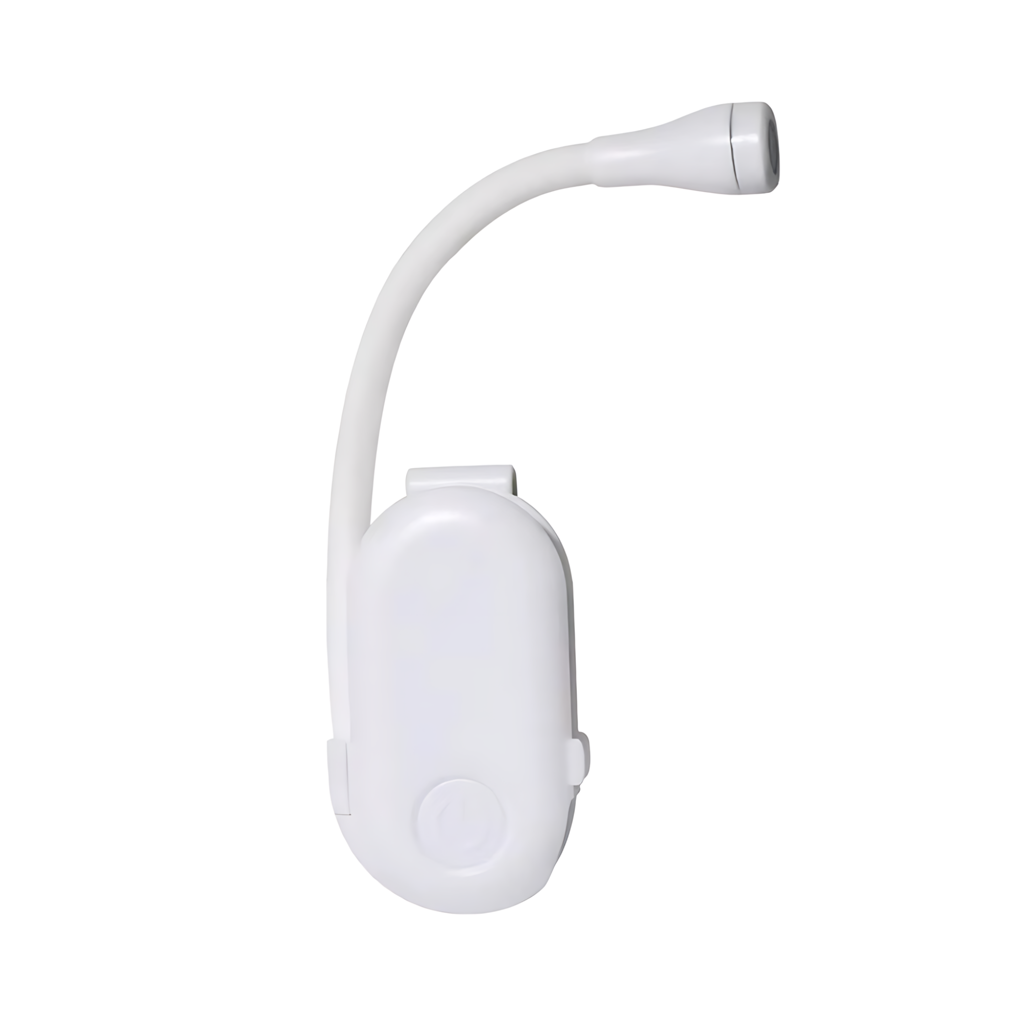 Eine weiße LED-Leselampe. Sie hat einen flexiblen Hals und eine Clip-On-Basis mit einem Ein-/Ausschalter.