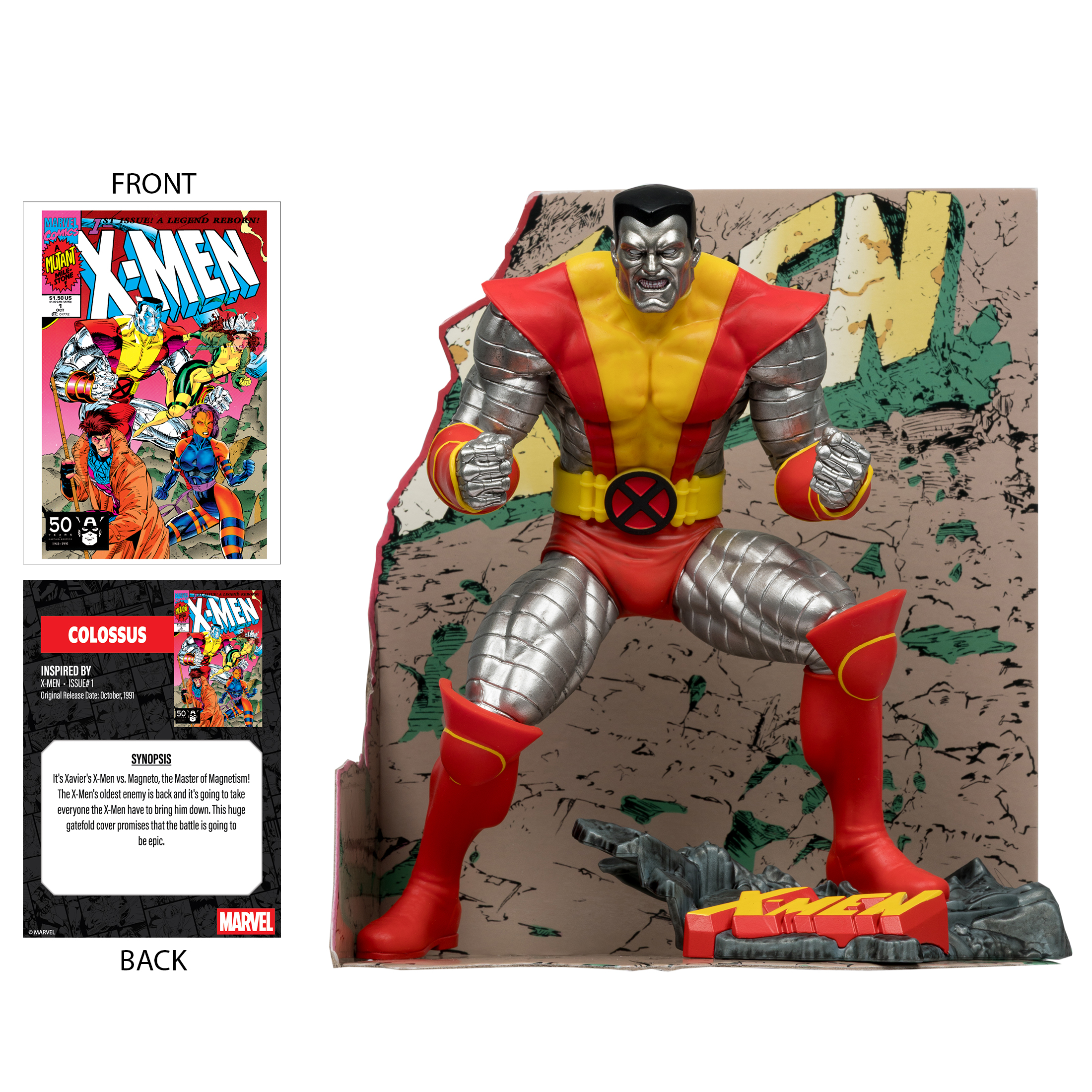 Figura di Colosso dal fumetto X-Men. È in posa da combattimento, con dettagli rossi e gialli, in piedi davanti a uno sfondo.