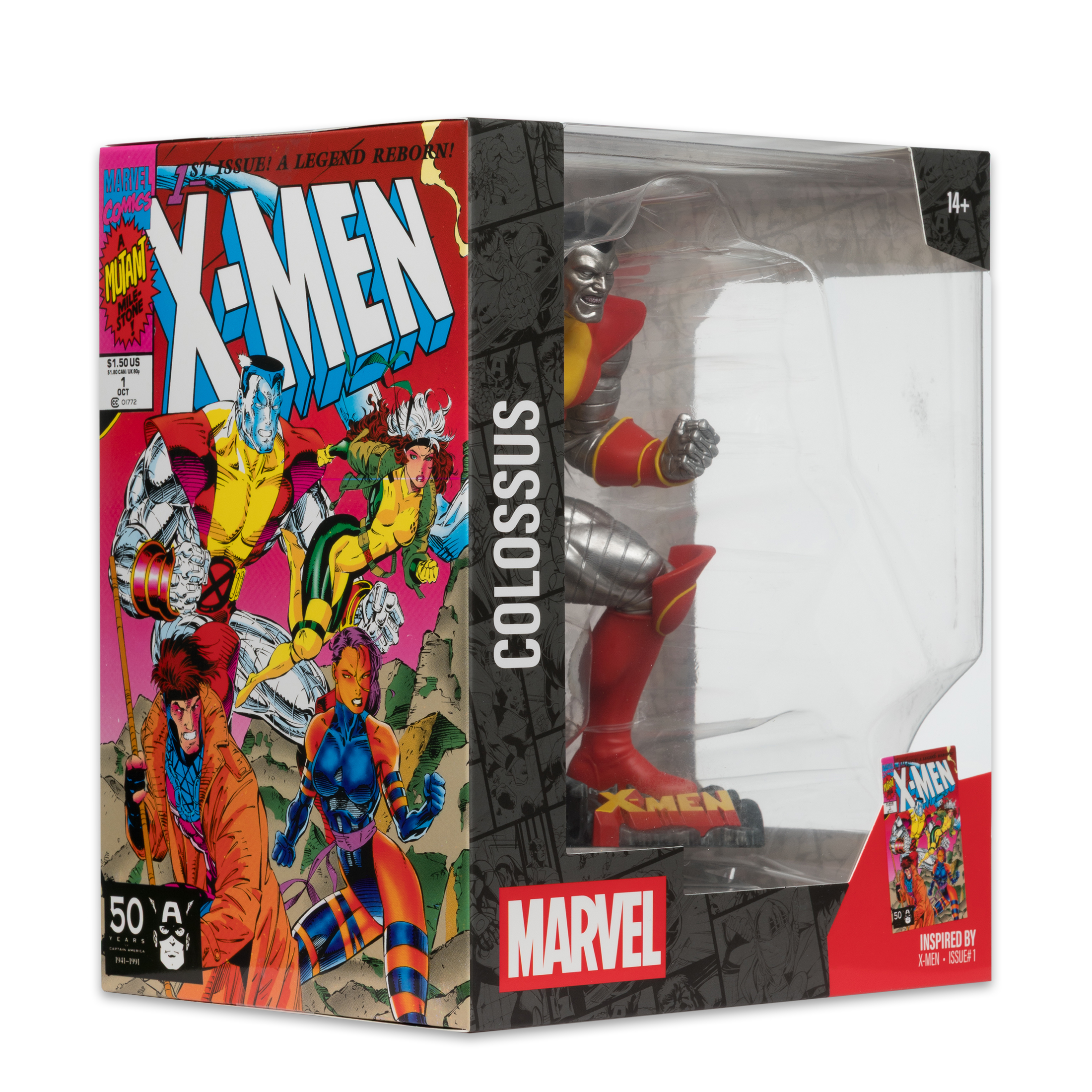 Una statuetta di Colosso degli X-Men in una scatola. La scatola presenta arte a fumetti, il logo Marvel e un indicatore di età 14+.