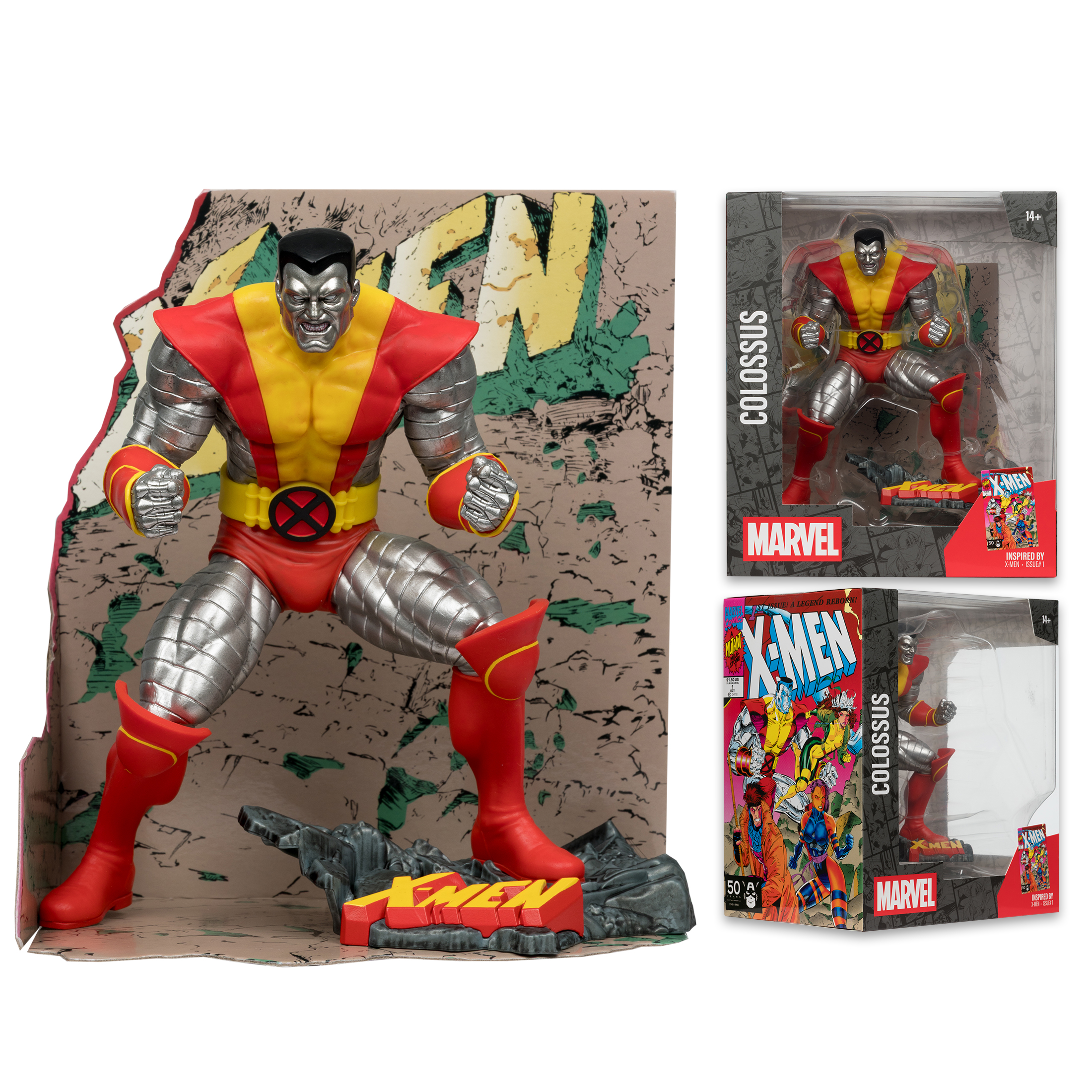 Action figure di Colosso. Corpo argentato, dettagli rossi e gialli, in piedi su una base con il logo X-Men e sfondo.