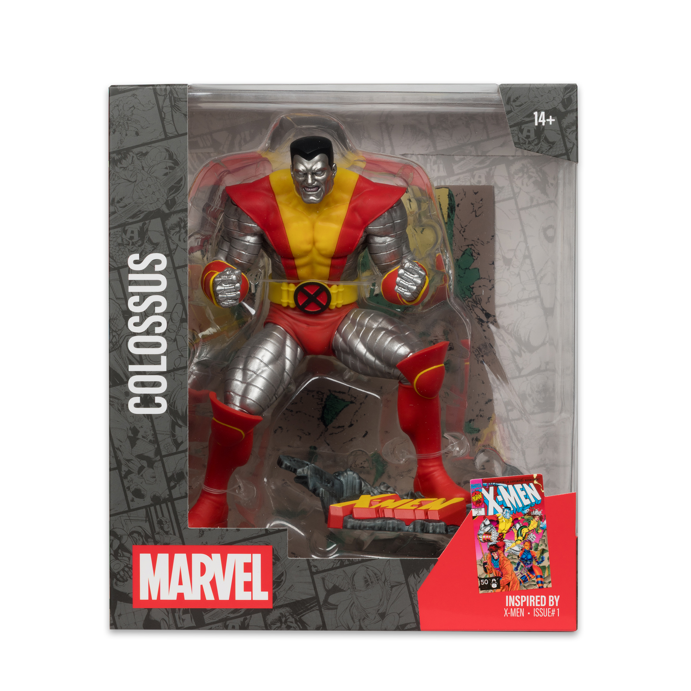 Action figure di Colossus nella confezione. La figura è argentata, rossa e gialla. La confezione include il marchio Marvel e X-Men.